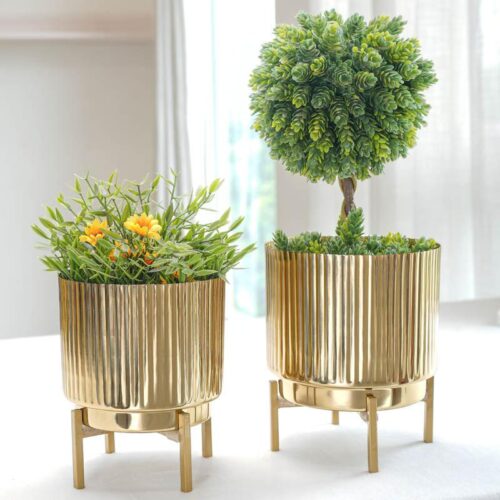 Royale Golden Metal Fluted Planter - Set Of Two