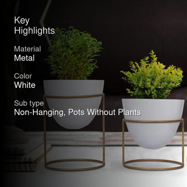 Trudene Metal Pot With Stand (White & Gold) - Set Of Two