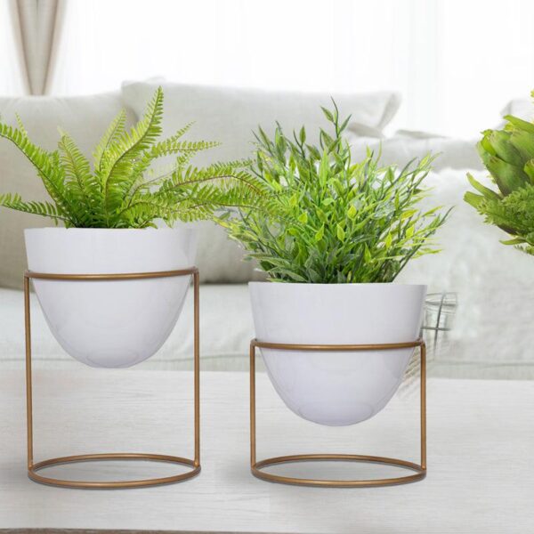 Trudene Metal Pot With Stand (White & Gold) - Set Of Two