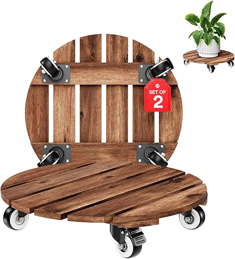 2pack Wood Plant Caddy With Wheels Heavy Duty Red Brown, 264 Lbs Capacity, 12 Inch Acacia Hardwood Plant Roller, Plant Stand with 360° Lockable...