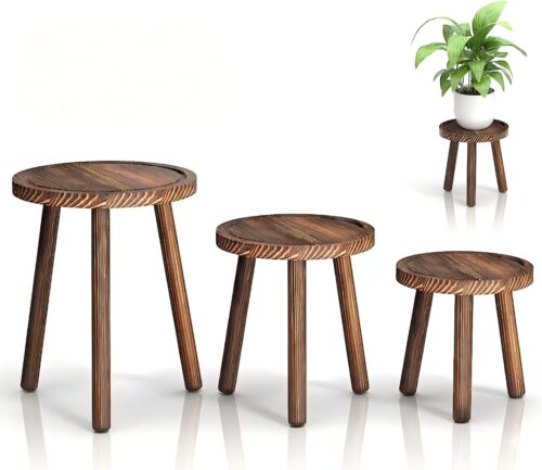 3-Pack Wood Plant Stands Indoor, Single Plant Stand for 6-12 Inch Pots, Mid-Century Modern Plant Stool, Tall Plant Stand for Large Plants Perfect...