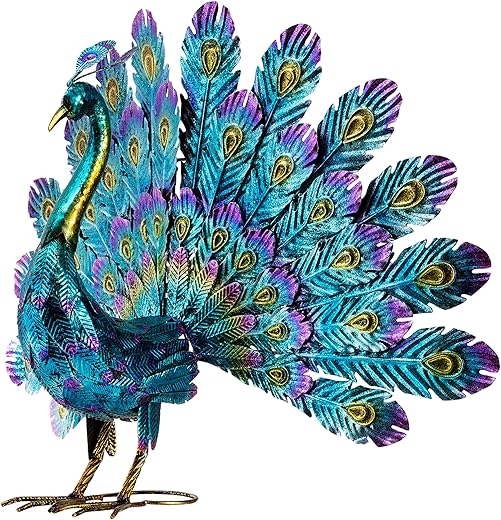 Alpine Corporation 23" Tall Outdoor Metallic Peacock Tail Spread Yard Statue, Vibrant Garden Sculpture for Patio, Lawn, or Entryway, Multicolor