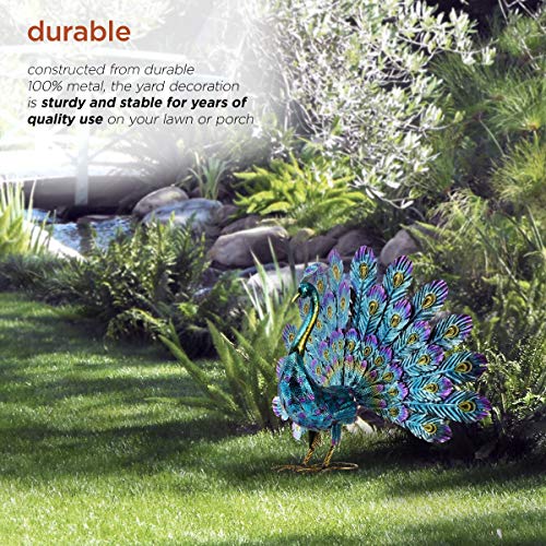 Alpine Corporation 23" Tall Outdoor Metallic Peacock Tail Spread Yard Statue, Vibrant Garden Sculpture for Patio, Lawn, or Entryway, Multicolor