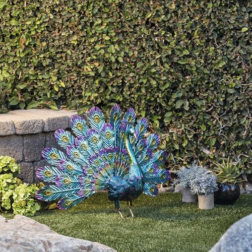 Alpine Corporation 23" Tall Outdoor Metallic Peacock Tail Spread Yard Statue, Vibrant Garden Sculpture for Patio, Lawn, or Entryway, Multicolor
