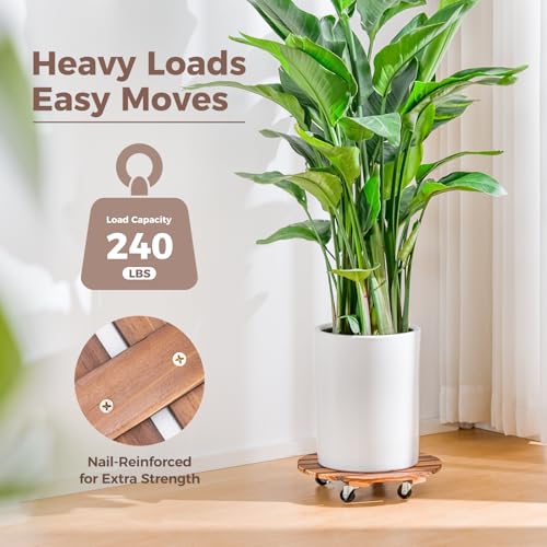 Bamworld Plant Stand Outdoor Rolling Tray Plant Caddy with Wheels 12in Plant Caster with Wheels Planter Caddy Flower Cart Plant Dolly for Heavy...