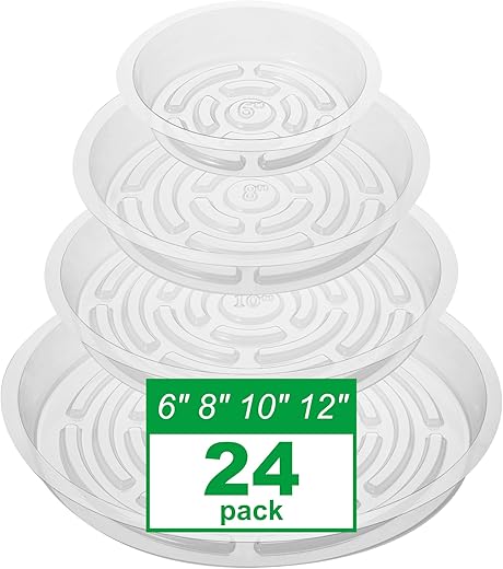 CATIFLIN 24 Pack Clear Plant Saucers - 6, 8, 10, 12 Inch Plastic Plant Trays for Pots, Flower Pot Saucers, Indoor & Outdoor Planter Drip Tray for...