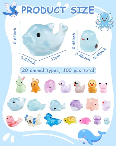 FIVEIZERO 100PCS Luminous mini Resin Animals Bulk - 20 Styles Glow in The Dark Plastic Tiny Animals Figures for Dollhouse, Fairy Garden, Aquarium,...