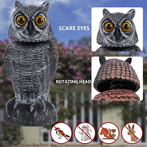Hausse 2 Pack Fake Owl Decoys to Scare Birds Away, Rotating Head Plastic Owl Bird Deterrents, 10.6 Inch Height Bird Scarecrow Nature Enemy Horned...