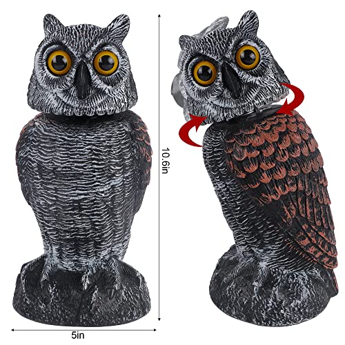 Hausse 2 Pack Fake Owl Decoys to Scare Birds Away, Rotating Head Plastic Owl Bird Deterrents, 10.6 Inch Height Bird Scarecrow Nature Enemy Horned...