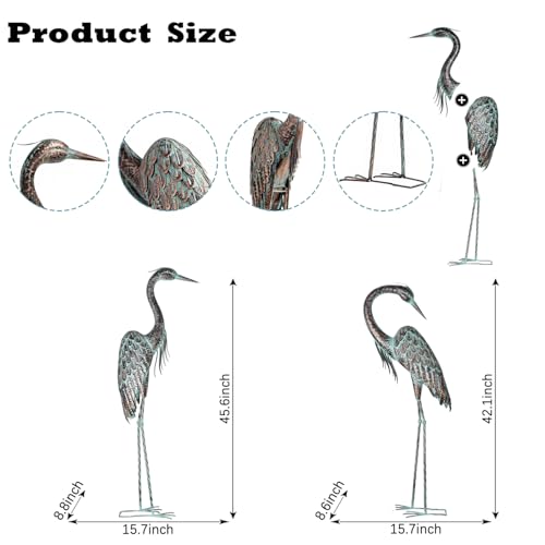 Kircust Garden Crane Statues, Standing Metal Patina Heron Decoy Outdoor Statue, 42-46 Inch Bird Yard Art for Patio Lawn Pond, Set of 2 Kircust Garden Crane Statues, Standing Metal Patina Heron Decoy Outdoor Statue, 42-46 Inch Bird Yard Art for Patio Lawn Pond, Set of 2