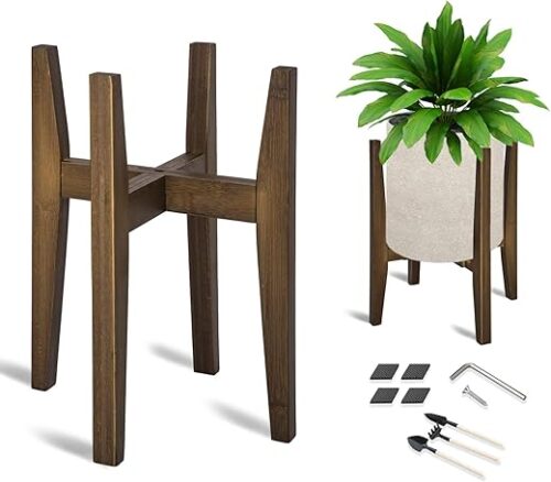 OERGKE Adjustable Plant Stand, Bamboo Mid Century Modern Indoor Plants Stands, Corner Flower Holder for Living Room, Fits 8 to 12 Inches Pots, (Pot...