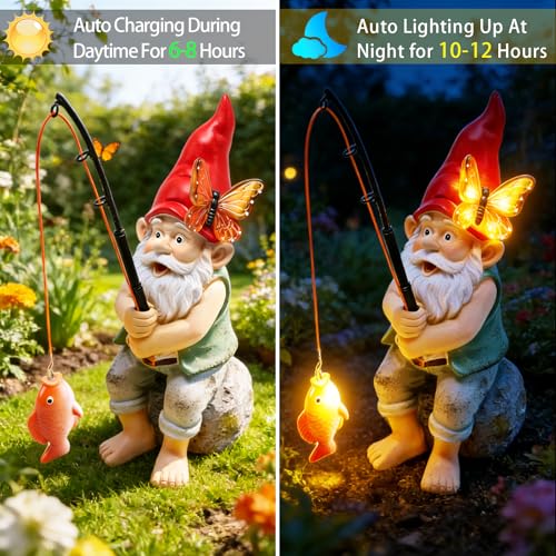 Solar Garden Gnome Statues, Outdoor Fishing Gnome with Butterfly Solar Lights Waterproof, Birthday Gifts for Mom Women Mother's Day, Garden... Solar Garden Gnome Statues, Outdoor Fishing Gnome with Butterfly Solar Lights Waterproof, Birthday Gifts for Mom Women Mother's Day, Garden...